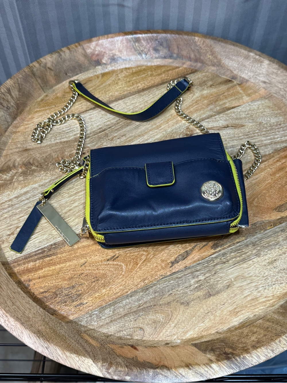 Mini Crossbody Bag Vince Camuto Navy Neon Lime Preppy Gold Chain Purse